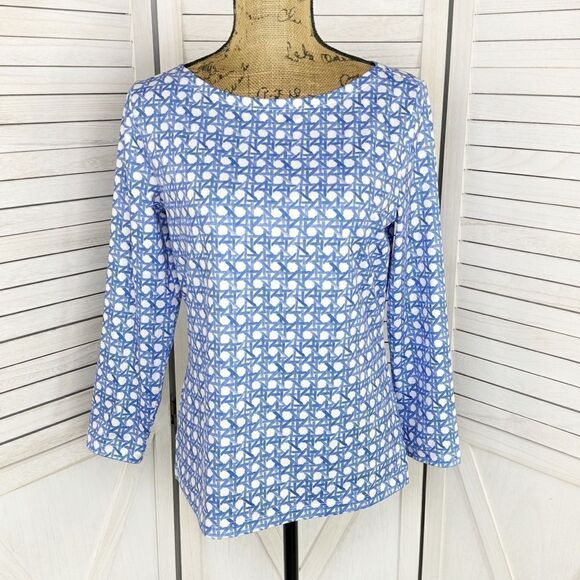 Vineyard Vines Basket Print Simple Boatneck Tee Shirt UPF50 Blue White Small - Picture 1 of 12